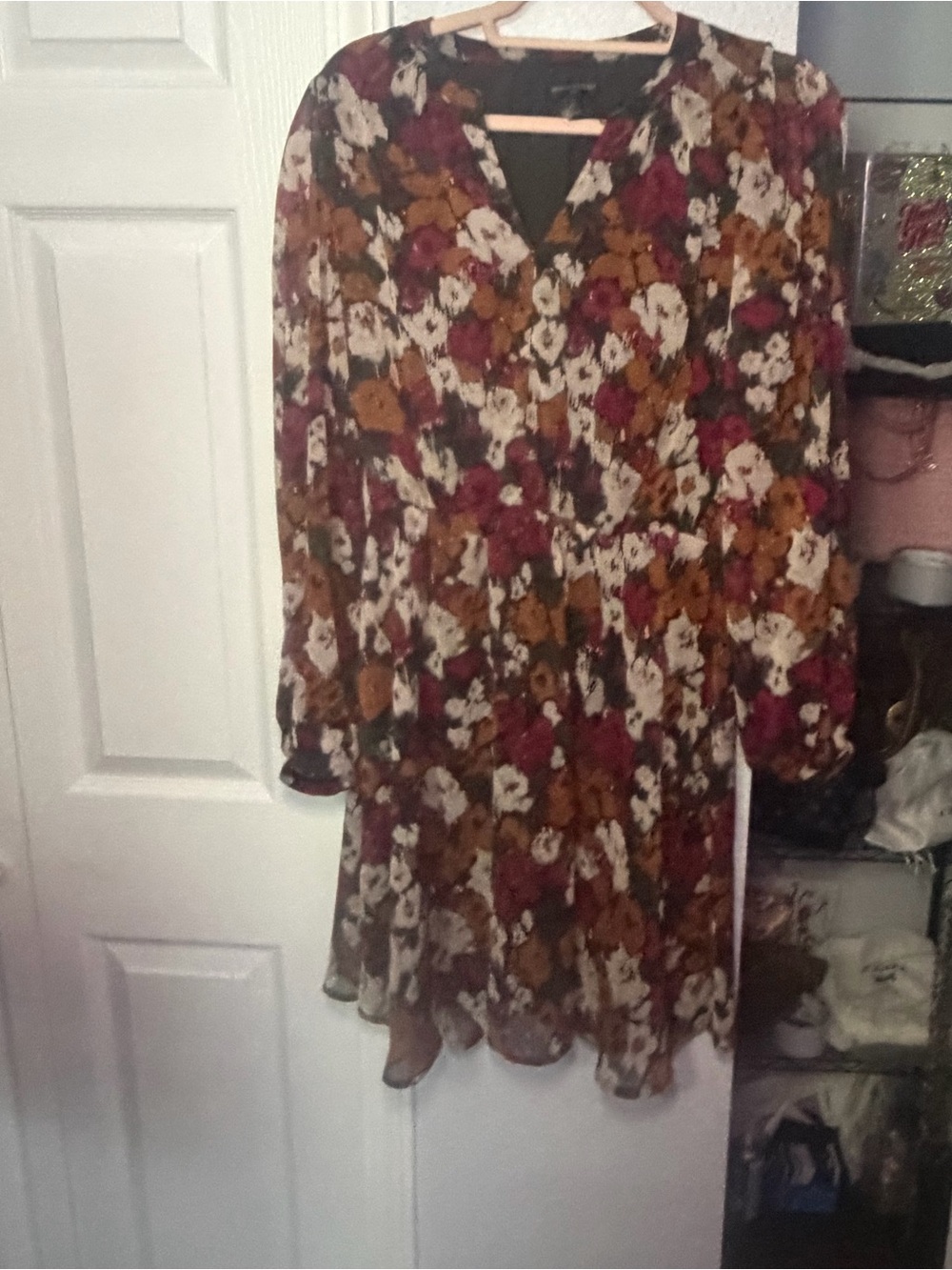Banana Republic Floral V-Neck Long Sleeve Dress in Burgundy, Mustard & Cream